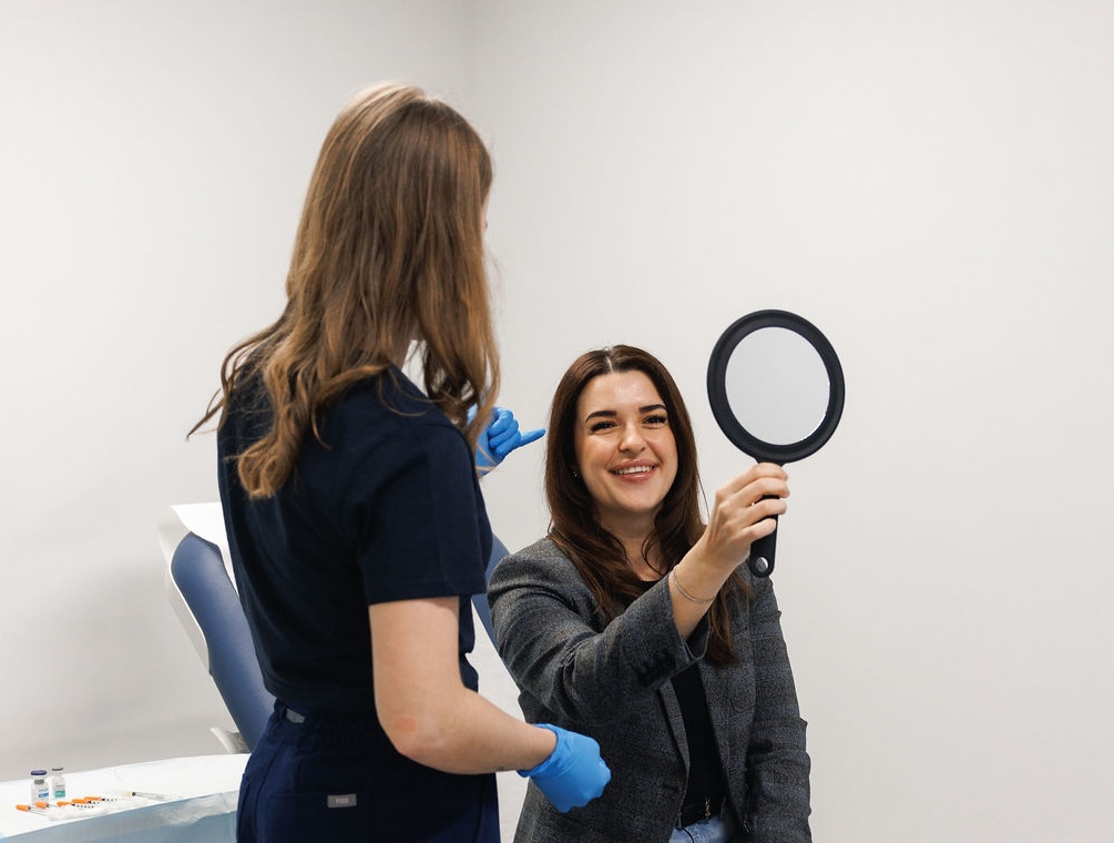 Patient Smiling while checking her face